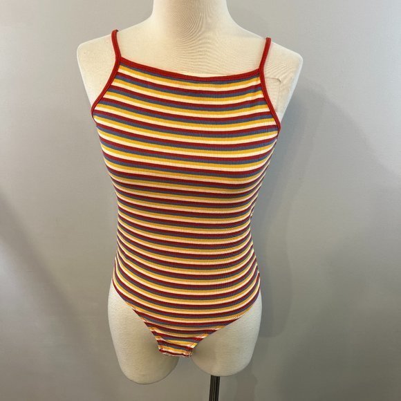 NWT‎ MADEWELL Rainbow Stripe Ribbed Thong Bodysuit in Windmill Stripe Kilt Red ( - Picture 5 of 12